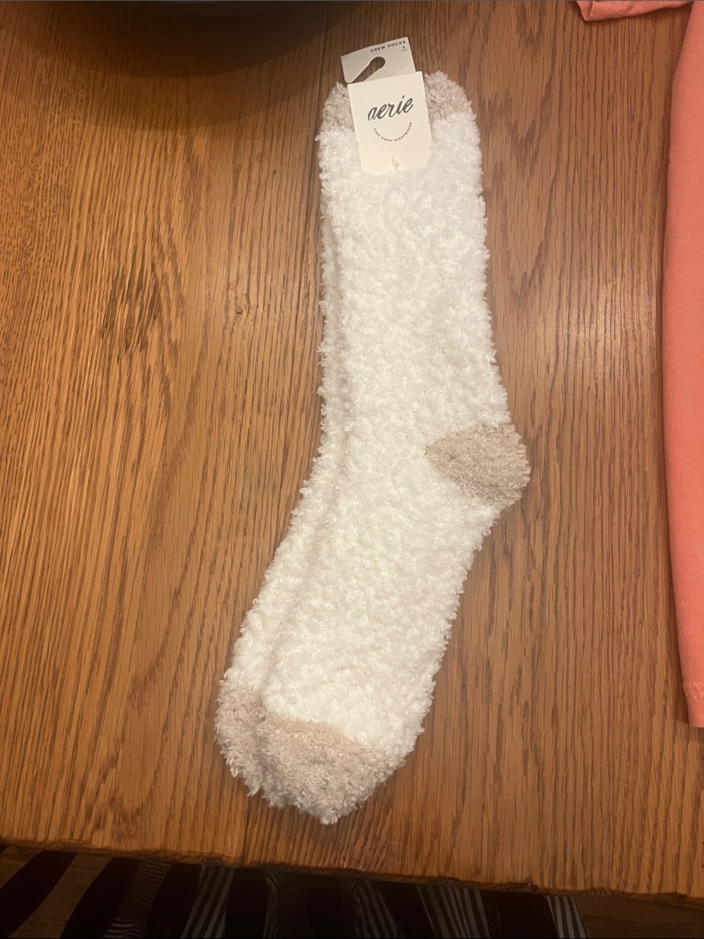 Aerie Cozy White Fuzzy Crew Socks with Beige Accents